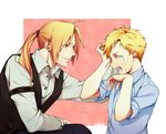  alphonse_elric artist_name blonde_hair blue_shirt brothers child crying edward_elric eyebrows_visible_through_hair formal fullmetal_alchemist long_hair looking_at_another male_focus multiple_boys open_mouth pink_background ponytail saka_(724596338) shirt short_hair siblings smile suit tears time_paradox vest white_background 