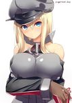  :/ agarwood bare_shoulders bismarck_(kantai_collection) blonde_hair blue_eyes blush breast_hold breasts brown_gloves closed_mouth collarbone commentary_request detached_sleeves gloves hair_between_eyes hat kantai_collection large_breasts long_hair long_sleeves looking_at_viewer military military_hat military_uniform peaked_cap sidelocks solo twitter_username uniform upper_body 