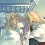  alphonse_elric bad_id bad_pixiv_id bed bed_sheet blonde_hair braid brothers closed_eyes duthcjs edward_elric fullmetal_alchemist hand_on_own_cheek intravenous_drip long_hair looking_at_another lying male_focus multiple_boys open_mouth pillow shirt siblings sleeping spoilers sunlight touching_forehead under_covers white_shirt yellow_eyes 