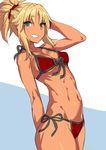  absurdres arm_up ass bikini bikini_day blonde_hair blue_background blush braid breasts commentary_request covered_nipples cowboy_shot fate/grand_order fate_(series) green_eyes hair_ornament hair_scrunchie highres looking_at_viewer mordred_(fate)_(all) mordred_(swimsuit_rider)_(fate) navel ponytail rama_(amaru) red_bikini red_scrunchie scrunchie side-tie_bikini sidelocks simple_background small_breasts smile solo swimsuit tan two-tone_background white_background 