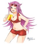  alcohol beer beer_mug bikini_top blush_stickers breasts cleavage cowboy_shot cup eyewear_on_head holding holding_cup jewelry jun'you_(kantai_collection) kantai_collection long_hair magatama medium_breasts navel necklace one_eye_closed purple_eyes purple_hair red_bikini_top short_shorts shorts simple_background solo spiked_hair sunglasses twitter_username white_background yamashiki_(orca_buteo) 