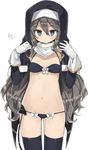  1girl bat_wings black_bra black_panties blue_eyes blush bra copyright_request cowboy_shot demon_tail female frown furrowed_eyebrows gloves long_hair murakami_meishi navel nun panties silver_hair simple_background solo thighhighs white_background wings 