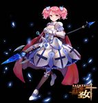  armor armored_dress black_legwear black_saint cape character_request cleavage_cutout dress frilled_dress frills hair_ornament looking_back maorzshu official_art pink_eyes pink_hair polearm short_twintails shoulder_armor solo spear sword thighhighs twintails weapon 