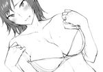  blush bra breasts cleavage collarbone greyscale highres kazama_asuka large_breasts looking_at_viewer monochrome open_mouth short_hair sketch smile solo sweat tekken tetsuo_(tetuo1129) tsurime underwear undressing 