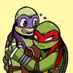  &lt;3 2017 anthro bandanna blush donatello_(tmnt) duo elbow_pads green_background green_eyes hand_wraps hug inkyfrog male mask raphael_(tmnt) red_eyes reptile scalie shell simple_background sweat sweatdrop teenage_mutant_ninja_turtles tooth_gap turtle wraps 