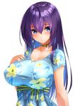  :o agarwood bangs blue_dress blue_eyes blush breast_suppress breasts choker collarbone commentary_request dress earrings floral_print green_ribbon hair_ornament hand_on_own_chest jewelry large_breasts long_hair looking_at_viewer original parted_lips phantasy_star phantasy_star_online_2 print_dress purple_hair ribbon ribbon_choker sash shiny shiny_hair short_sleeves simple_background solo taut_clothes taut_dress upper_body white_background 