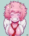  1girl afro artist_request ashido_mina blush boku_no_hero_academia breasts cleavage eyebrows_visible_through_hair eyes_closed horns is large_breasts necktie pink_hair pink_skin portrait smile solo source_request teeth 