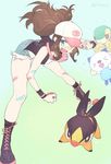  &gt;_&lt; :d bandaid bandaid_on_arm bandaid_on_face bandaid_on_knee bandaid_on_leg baseball_cap bent_over blue_background blue_eyes boots brown_hair closed_eyes denim denim_shorts fang full_body gen_5_pokemon hat hat_tip looking_at_viewer melso open_mouth oshawott pokemon pokemon_(creature) pokemon_(game) pokemon_bw ponytail shorts simple_background smile snivy tank_top tepig touko_(pokemon) twitter_username vest 