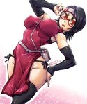  alternate_breast_size amania_orz black_hair black_legwear blush boruto:_naruto_next_generations breasts cowboy_shot dated detached_sleeves elbow_gloves forehead_protector glasses gloves holster konohagakure_symbol large_breasts looking_at_viewer naruto naruto_(series) older open_mouth red-framed_eyewear sharingan short_hair smile solo symbol-shaped_pupils thigh_holster thighhighs uchiha_sarada 