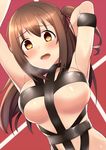  arm_behind_head armband arms_up bangs bare_shoulders blush bondage_outfit breasts brown_eyes commentary_request h3po4_chiba heart heart-shaped_pupils hot_limit idolmaster idolmaster_cinderella_girls large_breasts long_hair looking_at_viewer one_side_up open_mouth perky_breasts red_background shimamura_uzuki shiny shiny_skin simple_background solo sweat swept_bangs symbol-shaped_pupils t.m.revolution underboob 