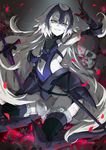  absurdres arm_up armpits between_breasts black_gloves black_legwear blood breasts bright_pupils chain covered_navel elbow_gloves fate/grand_order fate_(series) faulds folded_leg fur_trim gauntlets gloves greaves grin headpiece highres jeanne_d'arc_(alter)_(fate) jeanne_d'arc_(fate)_(all) long_hair medium_breasts no_panties pale_skin petals shanyao_jiang_tororo sheath skull smile solo sword thighhighs very_long_hair weapon white_hair white_pupils white_skin yellow_eyes 