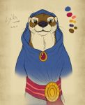  clothing female jewelry looking_at_viewer lylla mammal marvel mustelid otter robe simple_background solo tymime whiskers 