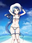  adapted_costume arm_up ass_visible_through_thighs bikini black_gloves blue_eyes blue_hair blush breasts breasts_apart cameltoe closed_mouth cloud collarbone day gloves groin hand_on_headwear hat head_tilt kantai_collection long_hair looking_away navel outdoors palm_tree sailor_collar sameha_ikuya samidare_(kantai_collection) sky small_breasts smile solo standing swimsuit thigh_strap tree very_long_hair water white_bikini white_hat 