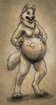  2017 abdominal_bulge anthro belly big_belly breasts canine claws digitigrade featureless_breasts featureless_crotch female fur hand_on_stomach lupamcrescent mammal navel nude pregnant simple_background surprise were werewolf 