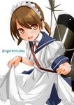  :d agarwood apron blue_sailor_collar brown_eyes brown_hair kantai_collection maid maid_apron maid_headdress open_mouth rigging sailor_collar shirayuki_(kantai_collection) short_hair short_sleeves short_twintails simple_background smile solo teeth twintails twitter_username white_background 