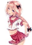  :d astolfo_(fate) black_bow bow braid crop_top erection erection_under_clothes fate/apocrypha fate/grand_order fate_(series) hair_bow long_hair looking_at_viewer male_focus midriff miniskirt nakatokung navel open_mouth otoko_no_ko pink_hair pink_skirt pleated_skirt purple_eyes red_sailor_collar red_skirt sailor_collar school_uniform serafuku single_braid skirt smile very_long_hair white_background 