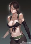  bikini black_bikini black_gloves black_legwear blue_eyes breasts brown_hair cleavage closed_mouth collarbone elbow_gloves front-tie_bikini front-tie_top gloves gradient gradient_background harness highleg highleg_bikini highres large_breasts lips metal_gear_(series) metal_gear_solid_v navel pantyhose ponytail quiet_(metal_gear) simple_background single_elbow_glove solo string_bikini swimsuit unfinished watermark yykuaixian 