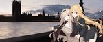 :d ;d arched_back blonde_hair cardigan dress elizabeth_tower floating_hair fringe_trim grey_eyes grey_scarf highres iowa_(kantai_collection) kantai_collection leaning_forward long_hair looking_at_another mikoto_(oi_plus) multiple_girls one_eye_closed open_mouth outdoors platinum_blonde_hair real_world_location ribbed_sweater river scarf silver_eyes silver_hair smile standing sweater sweater_dress very_long_hair warspite_(kantai_collection) yuri 
