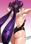  1girl 2017 aori_(splatoon) arms_behind_back artist_name ass back backless_outfit bare_back bare_shoulders black_hair blush breasts colo_(nagrolaz) earrings eyebrows_visible_through_hair from_behind hair_ornament highleg highleg_leotard jewelry leotard long_hair looking_at_viewer no_legwear pointy_ears red_eyes simple_background small_breasts smile solo splatoon_(series) symbol-shaped_pupils tentacle_hair white_background wrist_cuffs 