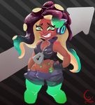  beauty_mark boots cephalopod clothing dark_skin female fingerless_gloves footwear gloves green_eyes humanoid marina_(splatoon) marine navel navel_piercing nintendo not_furry octoling piercing sharp_teeth solo splatoon splatoon_2 teeth tentacle_hair tentacles thebonezonedeluxe video_games 