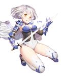  armor artist_name breasts cleavage eyebrows_visible_through_hair full_body highres holding holding_sword holding_weapon large_breasts looking_at_viewer original roang short_hair silver_hair solo squatting sword thighhighs weapon white_legwear yellow_eyes 