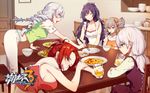  5girls :d :t ^_^ apron bangs benghuai_xueyuan blue_eyes bow breasts bronya_zaychik camisole capri_pants chopsticks chopsticks_in_mouth closed_eyes copyright_name drill_hair drooling eating grey_eyes grey_hair hair_between_eyes hair_bow hair_ornament hair_ribbon hairclip half-closed_eyes highres holding holding_chopsticks honkai_impact indoors kiana_kaslana large_breasts low_twintails mihoyo_technology_(shanghai)_co._ltd. multiple_girls murata_himeko official_art open_mouth pants parted_bangs purple_hair raiden_mei red_hair ribbon sideboob silver_hair sleeping smile strap_slip theresa_apocalypse tied_hair translated twin_drills twintails 