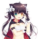  :3 :d ahoge animal_ears arm_strap bangs black_gloves blush breasts cat_ears cat_girl chain chuunibyou cleavage cloak commentary_request cross_hair_ornament doyagao eyebrows_visible_through_hair fang fingerless_gloves gloves green_eyes hair_between_eyes hair_ornament hairclip heterochromia long_hair looking_at_viewer medium_breasts navel okazaki_milte open_mouth original sarashi simple_background skull_hair_ornament smile smug solo twintails upper_body v v-shaped_eyebrows white_background x_hair_ornament yellow_eyes 