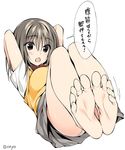  1girl arms_behind_head barefoot brown_eyes brown_hair feet open_mouth oryou pantyshot pov pov_feet school_uniform sit-up soles toes translated 