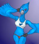  avian bird blue_eyes blue_feathers breasts clothed clothing feathers felixspeagel female logo non-mammal_breasts one_eye_closed partially_clothed solo standing tweetfur wink 
