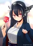  agarwood alternate_costume black_hair blurry blush bokeh breasts candy_apple closed_mouth commentary_request depth_of_field food hair_between_eyes haori headgear japanese_clothes kantai_collection kimono large_breasts long_hair long_sleeves looking_at_viewer nagato_(kantai_collection) obi red_eyes sash smile solo twitter_username upper_body wide_sleeves 