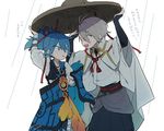  1other ajirogasa androgynous blue_eyes blue_hair hakama hands_up hat hat_removed headwear_removed holding holding_hat japanese_clothes katsugeki/touken_ranbu kimono open_mouth ponytail rain saniwa_(katsugeki/touken_ranbu) sayo_samonji shared_hat short_hair silver_hair simple_background tomatoma_(10mato_ma10) touken_ranbu translation_request white_background white_kimono yellow_eyes 