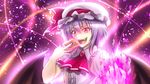  :d blush card eyebrows_visible_through_hair fangs hat holding holding_card lavender_hair looking_at_viewer mob_cap open_mouth parody red_eyes remilia_scarlet short_hair smile solo takecha teeth touhou upper_body vampire wings yuu-gi-ou 