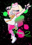 2017 beauty_mark boots cephalopod clothing crown dress fangs female fingerless_gloves footwear gloves happy humanoid inkling marine mask nintendo not_furry open_mouth pearl_(splatoon) pose solo splatoon squid tentacle_hair tentacles text video_games yellow_eyes 椒いお 