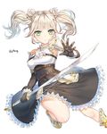  artist_name blush breasts eyebrows_visible_through_hair green_eyes highres holding holding_sword holding_weapon large_breasts looking_at_viewer original roang short_hair short_twintails silver_hair sword twintails weapon 