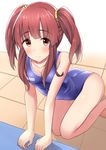  all_fours arched_back arm_support ass bangs bare_arms barefoot blue_swimsuit blush breasts brown_eyes brown_hair competition_swimsuit eyebrows_visible_through_hair h3po4_chiba idolmaster idolmaster_cinderella_girls kneeling legs light_smile looking_at_viewer looking_up ogata_chieri one-piece_swimsuit short_hair sidelocks small_breasts solo swimsuit thighs twintails 