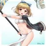  :d black_jacket blonde_hair blush bow breasts commentary_request cowboy_shot djeeta_(granblue_fantasy) flag fur_trim granblue_fantasy groin hair_bow jacket kei_kei loincloth looking_at_viewer medium_breasts midriff navel open_clothes open_jacket open_mouth sarashi short_hair short_sleeves smile solo stomach twitter_username underboob yellow_eyes 