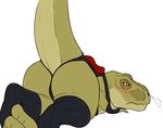  2015 ark_survival_evolved blush claws clothed clothing dinosaur female feral harness leggings legwear lying methados on_front orange_eyes raised_tail saddle scalie skimpy sleeves solo sweat sweatdrop theropod tyrannosaurus_rex video_games 