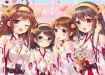  black_hair blue_eyes bouquet brown_eyes cake cup flower food fork glasses hair_ornament hairband hairclip haruna_(kantai_collection) headgear hiei_(kantai_collection) japanese_clothes kantai_collection kirishima_(kantai_collection) kongou_(kantai_collection) long_hair macaron multiple_girls nontraditional_miko one_eye_closed remodel_(kantai_collection) sato_ame smile tea teacup teapot 