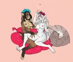  2017 4_toes 5_fingers anthro black_hair blue_eyes breasts digital_media_(artwork) duo fangs feline female fingerless_(marking) flower flower_in_hair fur gloves_(marking) hair hi_res long_hair mammal markings multicolored_fur navel nipple_piercing nipples nox_(artist) nude piercing pink_background plant purple_eyes sabertooth_(feature) simple_background sitting smile socks_(marking) toeless_(marking) toes white_fur white_hair 