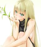  aran_sweater areola_slip areolae backless_dress backless_outfit bishoujo_mangekyou blonde_hair breasts chin_rest closed_mouth dress eyebrows_visible_through_hair flower gradient gradient_background green_eyes hair_ornament hairclip happoubi_jin kannagi_yuuri knees_to_chest large_breasts long_hair looking_at_viewer meme_attire sidelocks simple_background solo sweater turtleneck turtleneck_sweater x_hair_ornament 