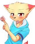  5_fingers anthro blush cat clothing condom condom_in_mouth cub feline fur hoodie male mammal manadezimon red_eyes red_fur simple_background solo tan_fur teenager young 