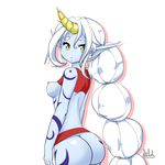  2017 anthro areola blue_skin breasts butt caprine clothed clothing exposed_breasts female fingers hair hi_res horn humanoid ineffective_clothing league_of_legends long_ears long_hair looking_back mammal nipples padark_(artist) riot_games simple_background solo soraka star_eyes video_games white_background white_hair yellow_eyes 