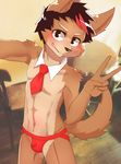  5_fingers anthro black_hair blush brown_fur bulge canine clothing dog fur hair jockstrap male mammal manadezimon navel necktie red_hair solo standing teenager underwear v-sign young 