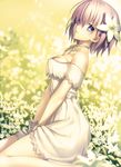  bare_shoulders blurry bokeh breasts bright_pupils choker cleavage depth_of_field dress dutch_angle fate/grand_order fate_(series) field flower flower_field from_side gloves hair_flower hair_ornament hair_over_one_eye highres kawanakajima lace lace-trimmed_dress looking_at_viewer mash_kyrielight medium_breasts outdoors parted_lips petals pink_hair purple_eyes ribbon_choker short_hair sitting solo strapless strapless_dress wariza white_background white_gloves 