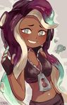  2017 bare_shoulders beauty_mark blush cephalopod clothing dark_skin female fenori fingerless_gloves gloves green_eyes hair headphones humanoid jacket long_hair marina_(splatoon) marine navel nintendo not_furry octoling octopus smile solo splatoon tentacle_hair tentacles video_games 