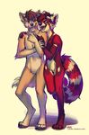  4_toes 5_fingers anthro black_nose blue_eyes canine digitigrade dog duo eyewear fur goggles hair lukiri male mammal nude open_mouth red_fur red_hair red_panda simple_background smile standing teeth toes tongue white_background 