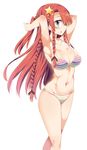  :o alternate_hairstyle armpits arms_up bare_legs bikini black_bow blue_eyes bow braid breasts cleavage collarbone groin hair_bow hair_ornament halter_top halterneck highres hong_meiling large_breasts long_hair looking_at_viewer maturiuta_sorato navel profile red_hair simple_background solo standing star star_hair_ornament stomach striped striped_bikini swimsuit touhou very_long_hair white_background 