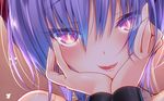  1girl fangs hair_between_eyes hands_on_own_cheeks hands_on_own_face lilith_aensland lips looking_at_viewer purple_eyes purple_hair short_hair smile solo vampire_(game) yandere_trance 