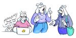  asriel_dreemurr boss_monster caprine computer delta_rune eyewear food fur glasses goat horn jewelry laptop long_ears mammal necklace pie simple_background spurkeht stripes toriel undertale video_games white_background white_fur 