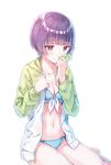  3: bandaged_fingers bandages bangs bare_legs barefoot bikini blue_bikini blunt_bangs blush breasts cleavage collarbone cowboy_shot eromanga_sensei eyebrows_visible_through_hair hiten_(hitenkei) hood hooded_jacket hoodie jacket medium_breasts navel open_clothes open_hoodie open_jacket purple_eyes purple_hair senju_muramasa short_hair simple_background sitting solo stomach sweatdrop swimsuit white_background 